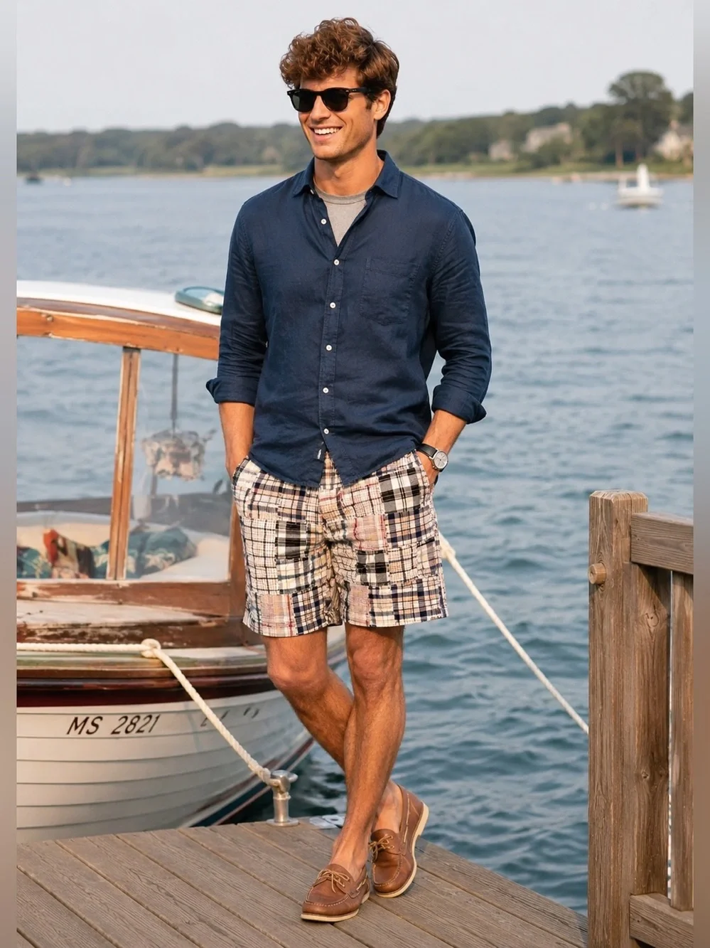 J. Crew Men's Patchwork Plaid Cotton Shorts - Navy/Beige/Black